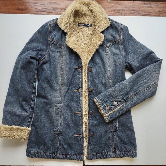 Abercrombie Fitch Sherpa Lined Denim Jacket Size Medium Utility Chore Coat Boho - Picture 1 of 8